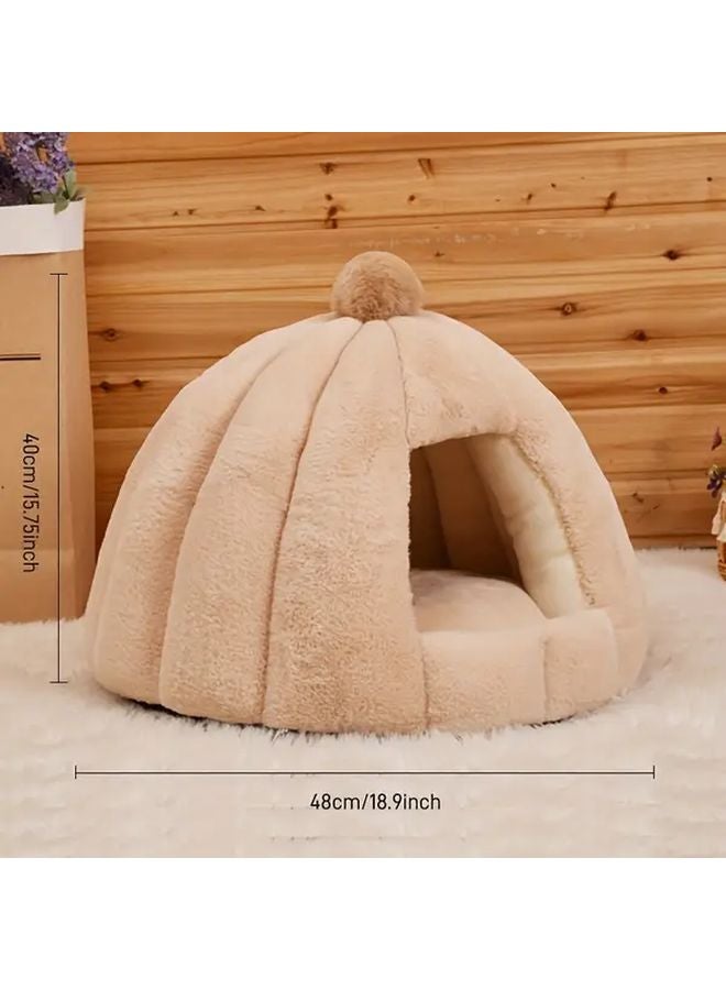 Large Khaki Plush Mongolian Cat Bed Warm Half Enclosed Dome Tent For Cats And Small Dogs - Image 2